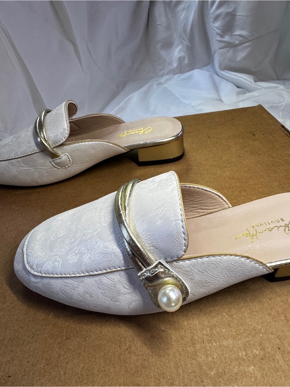 Pearl-Accent White Slip-On Mules with Gold Trim size 37